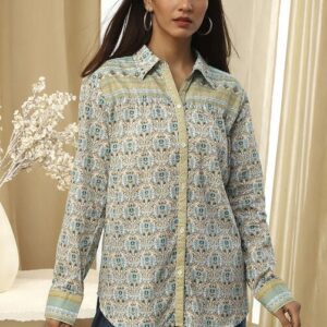 Women Blue Cotton Printed Straight Shirt